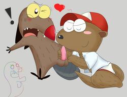 ! angry_beavers anthro beaver blush cartoon_network chibitracy clothing crossover daggett doug_(regular_show) fellatio furry gay hat heart male mammal mustelid nickelodeon oral otter penis regular_show rodent shirt underwear yaoi