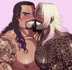 bara chest_tattoo crossover dark_skin gay gyaru king_of_fighters lasupay3 male male/male male_breasts male_only muscular_male nipple_piercing no_sex rugal_bernstein smile snk tanned tanned_male tanned_skin tattoo tattoo_on_chest the_undertaker video_games wwe