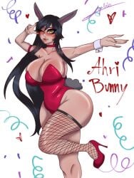 ahri bunny_ears bunny_tail bunnysuit choker female female_only fishnet_stockings fishnets high_heels league_of_legends long_hair peace_sign sophie_queen11 wink