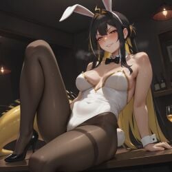 1girls ai_generated black_hair bunny_ears bunny_girl bunnysuit e-sekai eel_girl idol-en idol_corp juna_unagi large_breasts light-skinned_female tights virtual_youtuber vtuber yellow_eyes yellow_hair_ribbon