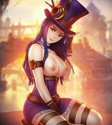 absurdres areolae big_breasts breasts caitlyn_kiramman female female_only highres large_breasts league_of_legends looking_at_viewer nipples pinkladymage solo