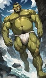 1boy ai_generated balls bara beard bulge bulge_through_clothing fundoshi green-skinned_male green_body green_skin hairy_chest japanese_clothing kurohudeai male male_nipples male_only male_pubic_hair muscular_male nipples orc orc_male penis_outline pointy_ears teeth teeth_visible tusks underwear