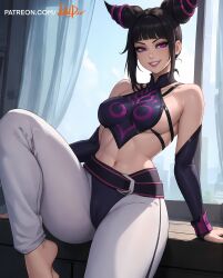 ai_generated bare_shoulders barefoot belly_button big_breasts black_hair bob_cut cameltoe feet female female_only juri_han leaning_back leg_up nipples nipples_visible_through_clothing panties pants purple_eyes purple_hair shirt_lift shirt_only sideboob slim_waist smile smiling street_fighter street_fighter_6 thick_thighs tied_hair two_tone_hair underboob wide_hips wilddio