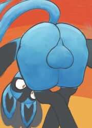 anthro ass backsack balls big_butt blue_body blue_fur butt_focus canid canine digital_media_(artwork) fur generation_4_pokemon genitals hi_res looking_at_viewer looking_back lucario male mammal nintendo nude pokemon pokemon_(species) simple_background solo swoomy