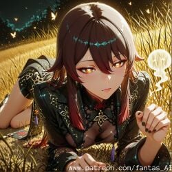 1girls ai_generated brown_eyes brown_hair butterfly ghost grass high_quality hu_tao_(genshin_impact) illustrious_(stable_diffusion) medium_breasts night slim thinking