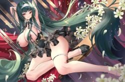 1girls absurdly_long_hair armpits arms_up astra_yao astra_yao_(chandelier) black_dress black_hair blurry breasts cleavage cross cross_pasties depth_of_field dress falling_petals female flower full_body grin hairband hanh_chu highres long_hair neck_ribbon nipple_slip nipples pasties petals red_eyes ribbon sitting smile solo thick_thighs thigh_strap thighs very_long_hair white_flower white_hairband yokozuwari zenless_zone_zero