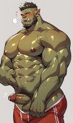 1boy ai_generated bara beard big_penis blush cum cum_drip erection green-skinned_male green_body green_skin kurohudeai looking_at_viewer male male_nipples male_only male_pubic_hair muscular_male nipples orc orc_male penis pointy_ears teeth teeth_visible tusks