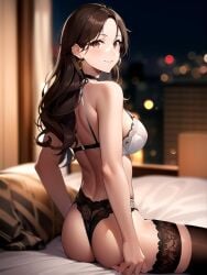 1girls ai_generated ai_mirror bed bedroom black_panties blush brown_eyes brown_hair buildings choker earrings lingerie long_hair looking_back_at_viewer pillow sitting smile stockings white_bra white_skin window