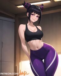 ai_generated bare_belly belly_button big_butt black_hair female female_only gym_uniform juri_han looking_at_viewer purple_eyes purple_hair sideboob slim_waist smiling smiling_at_viewer sports_bra sportswear street_fighter street_fighter_6 thick_ass thick_hips thick_thighs tied_hair top two_tone_hair wide_hips wilddio