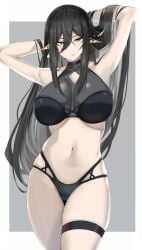 1girls bare_shoulders belly_button black_hair breasts earrings female female_only goth goth_girl green_eyes huge_breasts indie_virtual_youtuber layna_lazar light-skinned_female light_skin maruyaa_(malya1006) piercing pointy_ears solo virtual_youtuber