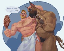 abs anthro apron apron_only armpit_hair beard benoitxie big_muscles big_pecs big_penis blonde_hair bodily_fluids body_hair canid canine canis chest_hair clothing domestic_dog drooling drumstick_(food) duo eyewear facial_hair genitals glasses great_dane hair hairy hi_res holding_partner human human_on_anthro interspecies larger_anthro larger_male male male/male male_only mammal mastiff molosser moustache muscular muscular_anthro muscular_human muscular_male navel nipples nude pecs penis pubes saliva size_difference tail tail_motion tailwag