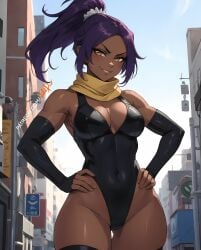 1girls ai_generated big_breasts bleach bleach:_the_thousand-year_blood_war dark-skinned_female feet female female_only gloves human long_hair muscular muscular_female one_piece_swimsuit purple_hair scarf shihouin_yoruichi slim_waist solo thick_thighs thighhighs tied_hair wide_hips wilddio yellow_eyes