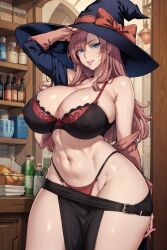 ai_generated black_bra blue_eyes huge_breasts pink_hair red_pasties witch_hat