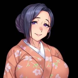 black_background blue_hair chignon female female_focus female_only forehead game_cg huge_breasts kagachi-sama_o_nagusame_matsurimasu_netorare-mura_midarayoru_hanashi kimono looking_at_viewer minamoto mole mole_under_eye orcsoft smile smiling_at_viewer tomikura_ayaka upper_body violet_eyes