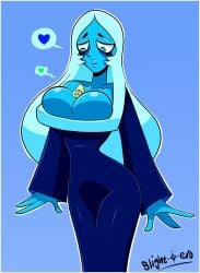 artist_name artist_signature barely_contained barely_contained_breasts between_breasts blightstar blue_diamond_(steven_universe) boob_smothering boob_squish cartoon_network cleavage_dress cleavage_overflow cleavage_vore diamond_authority dress eyelashes gem_(species) giant_breasts giantess half-closed_eyes half_closed_eyes in_cleavage o.o o_o peridot_(steven_universe) person_between_breasts shocked shocked_eyes smile smiling_at_partner soft_smile spoken_heart standing steven_universe sweating unusual_pupils
