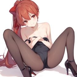 ai_generated black_heels black_leotard christian_louboutin_(brand) dearmatda flashing_breasts high_heels kasumi_yoshizawa leotard pantyhose persona persona_5 ponytail red_bow red_eyes red_hair simple_background small_breasts stable_diffusion sumire_yoshizawa