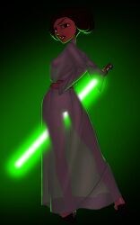 1girls ass belt breasts clothed clothed_female clothing dress female female_focus female_only full_body gao23 green_light green_lightsaber hair_bun hand_on_hip human human_only lightsaber lips lipstick long_dress looking_back no_bra no_panties pose princess_leia_organa rear_view see-through see-through_clothing see-through_silhouette solo solo_female solo_focus standing star_wars sword weapon