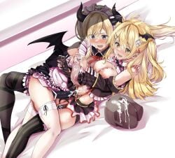 2futas absurdres ahoge bare_shoulders bat_hair_ornament bat_wings big_breasts blonde_hair blush breast_press breasts bulge clothed clothing collarbone cum cum_through_clothes demon_girl demon_tail demon_wings duo ejaculation erection erection_under_clothes frottage futa_on_futa futa_only futa_with_futa futanari hair_ornament hairclip head_wings highres hololive human large_breasts light-skinned_futanari light_skin long_hair lying medium_breasts mostly_clothed multiple_girls navel nipple-to-nipple nipples oerba_yun_fang official_alternate_costume open_mouth orgasm penis penises_touching ryuunagi_hyouga skin_fang smile sweat symmetrical_docking tail virtual_youtuber wings yellow_eyes yozora_mel yozora_mel_(5th_costume) yuzuki_choco yuzuki_choco_(maid)