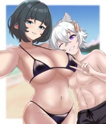 1boy 1girls beach big_breasts bikini clothed fox_ears hand_on_head jane_doe_(zenless_zone_zero) mihoyo photo rat_ears rat_girl rat_tail selfie seth_lowell smile white_hair zenless_zone_zero