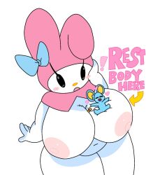 ! anthro big_breasts blush bow flat_(sanrio) hair_ornament headgear lagomorph laying_on_breasts leporid mouse murid murine my_melody onegai_my_melody relaxed rodent sanrio sincitadel surprised