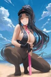 1girls alternate_costume beach belly_button belly_button_visible_through_clothing black_hair breasts cap clothed clothing fate/grand_order fate_(series) female female_only hat hinaki0102 huge_breasts light-skinned_female light_skin necktie necktie_between_breasts official_alternate_costume outdoors pink_necktie ponytail sand sesshouin_kiara sesshouin_kiara_(swimsuit_mooncancer)_(fate) sky solo water yellow_eyes