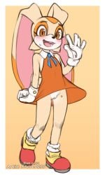 1girls 2020s 2022 animal_nose artist_name bare_shoulders blonde_hair blue_ribbon blush body_fur border bottomless breath cleft_of_venus collarbone collared_shirt cream_the_rabbit cub dress dress_tug female flat_chest flat_color full_body furry furry_female ghio50 gloves hand_up happy heel_up legs looking_at_viewer mobian_(species) multicolored_fur neck_ribbon no_panties open_mouth orange_dress orange_eyes orange_fur outside_border pussy rabbit_ears rabbit_girl rabbit_humanoid rabbit_tail red_footwear ribbon sega shirt shoes short_dress short_hair simple_background sketch sleeveless sleeveless_dress smile socks solo sonic_(series) standing steam steaming_body sweat teeth thighs tongue twitter_username uncensored waving white_border white_fur white_gloves white_socks wide-eyed yellow_background yellow_fur young