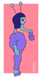 alien ass big_ass blue_skin cyclops feet feet_focus fully_clothed holding_sandals holding_shoe holding_shoes looking_at_viewer looking_back luna_(naq) nebula_and_quasar one_eye pink_cat_enthusiast sandals tall thick_thighs