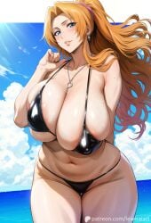 1girls ai_generated alternate_hairstyle beach big_breasts bikini bikini_bottom bikini_top bleach bracelet breasts breasts_bigger_than_head chain chain_necklace commentary earrings female female_only gigantic_breasts hanging_breasts hourglass_figure huge_breasts jewelry large_breasts lewisai long_hair looking_at_viewer massive_breasts matsumoto_rangiku micro_bikini midriff nai_diffusion necklace oppai outdoors patreon_username plump ponytail revealing_swimsuit sagging_breasts seaside skimpy skimpy_bikini solo solo_focus stable_diffusion swimsuit text thick_thighs thighs tied_hair top_heavy top_heavy_breasts url very_long_hair voluptuous voluptuous_female watermark wavy_hair web_address wet wet_skin wide_hips