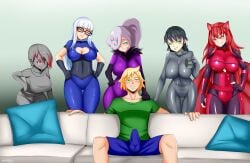 1boy 5girls anno_(anno) black_hair blonde_hair blue_eyes bodysuit boots breasts bulge cleavage collar couch dahypnoman_(dahypnoman) elbow_gloves empty_eyes erect_nipples erection erection_under_clothes erection_under_clothing femdom fingerless_gloves fox_girl gentle_femdom gentle_mommy gloves glowing glowing_eyes graybot green_eyes grey_hair hair_covering_one_eye happy_trance high_heel_boots high_heels imminent_sex jaclyn_(corruptionprincess) jade_(aetheria_jade) kitsune_girl large_breasts latex latex_gloves long_hair malesub meme mistress_velai_(darknessneon/penken) morris multiple_doms opera_gloves original parody penis red_eyes red_hair seth_(darknessneon) short_hair shorts sitting tech_control white_hair