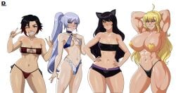 4girls abs amazon amazonian animal_ears areola_slip areolae arms_behind_back big_breasts bikini bikini_bottom bikini_top black_bikini black_bikini_bottom black_eyes black_hair blake_belladonna blonde_hair blue_bikini blush bottomwear breasts cat_ears cleavage deemlyart double_peace_sign ear_piercing earrings eyepatch_bikini female female_only hair hands_behind_head hands_on_hips heart_pasties high_resolution highres hips huge_breasts large_breasts long_hair medium_breasts multiple_girls muscles muscular muscular_female nipple_bulge one_eye_closed pasties peace_sign ponytail purple_eyes ruby_rose rwby short_hair shorts slingshot_swimsuit smile swimwear thick_thighs thighs topwear tubetop weiss_schnee white_background white_hair wide_hips wink winking yang_xiao_long yellow_eyes yellow_pasties