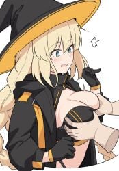 1boy 1girls aesc_(fate) bandeau big_breasts blonde_hair braid breast_grab breasts busty cleavage fate_(series) female gloves groping hat hirame_sa large_breasts male midriff open_clothes open_mouth surprised sweatdrop thong witch_hat