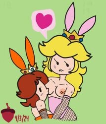 2girls blonde_hair breast_sucking breasts brown_hair bunny_ears bunny_girl bunnysuit crown easter female female_only fishnets heart mario_(series) multiple_girls nipples paper_daisy paper_mario paper_peach princess_daisy princess_peach simple_background speech_bubble spoken_heart squirrellewds super_mario_bros. tagme yuri