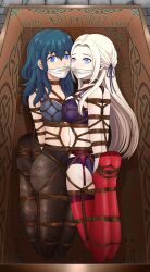 2girls arms_behind_back asymmetrical_docking bare_arms bare_midriff bare_thighs black_panties blue_bra blue_eyes bondage bound bound_arms bound_legs bound_wrists bra breast_press breasts byleth_(fire_emblem) byleth_(fire_emblem)_(female) cloth_gag edelgard_von_hresvelg expressionless falalalalalalal female female_only femsub fire_emblem fire_emblem:_three_houses gag garter_belt improvised_gag in_container leggings long_hair looking_at_viewer looking_back medium_breasts medium_hair midriff multiple_girls multiple_subs nintendo open_mouth panties pantyhose purple_bra purple_eyes purple_panties restrained rope rope_bondage teal_hair thighhighs thighs underwear white_hair