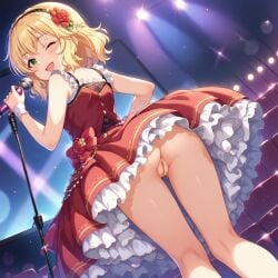 ai_generated ass blonde_hair idolmaster idolmaster_cinderella_girls nipples red_dress sakurai_momoka small_breasts