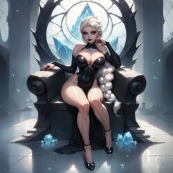 1girls ai_generated big_breasts braided_hair cleavage elsa_(frozen) frozen_2 goth goth_girl league69 long_hair looking_at_viewer sitting_down thighs