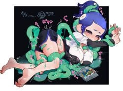 1girls blue_eyes blush breasts button_gap dolphin_shorts doro_mizu_831 octoling octoling_girl pink_eyes ponytail restrained shorts solo solo_female solo_focus splatoon splatoon_(series) tentacle tentacle_hair tentacle_rape tentacle_sex tentacle_under_clothes tentacles waka-chan_(doro_mizu_831) wet wet_clothes