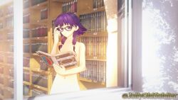 1girls 3d adjusting_glasses bangs bare_shoulders book bookshelf breasts collarbone completely_nude female female_only fire_emblem fire_emblem:_the_sacred_stones glasses holding holding_book indoors jollyoldsoldier library looking_at_viewer lute_(fire_emblem) nintendo nipples nude nude_female outdoors purple_eyes purple_hair reading short_hair shoulders sidelocks small_breasts solo window