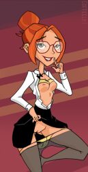 2019 big_hero_6 big_hero_6:_the_series breasts brown_eyes coffeelot disney disney_channel female female_focus female_only glasses honey_lemon marvel nipples open_clothes orange_hair panties_down purple_background pussy red_lips red_lipstick shirt shirt_lift skirt skirt_lift small_breasts