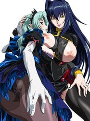 2girls annerose_vajra breasts clothing demon_girl green_hair koutetsu_no_majo_anneroze large_breasts long_hair mitico_fleuretty multiple_girls nipples panties panties_under_pantyhose pantyhose pointy_ears yuri