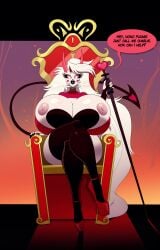 1girls annon bimbo breasts charlie_morningstar_(hazbin_hotel) demon demon_girl demon_tail female female_only hazbin_hotel high_heels horn huge_breasts looking_at_viewer massive_breasts nipples sitting solo staff text text_bubble thick_lips thick_thighs thighhighs throne