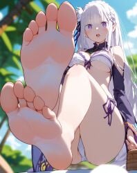 1girls ai_generated barefoot bra elf emilia_(re:zero) feet foot_fetish foot_focus hair_ornament long_hair necklace panties pointy_ears purple_eyes re:zero_kara_hajimeru_isekai_seikatsu silver_hair snowy_yukino solo underwear