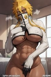 1girls abs ai_generated areola areola_slip areolae arrancar big big_areola big_breasts bleach bleach:_the_thousand-year_blood_war blonde_hair covering_crotch dark-skinned_female dark_skin daulawkins fit_female green_eyes hakama hand_on_breast large_areolae large_breasts long_sleeves looking_at_viewer midriff muscular muscular_female nipple_bulge nipples_visible_through_clothing solo stable_diffusion thick_thighs thighs tia_harribel underboob yellow_hair