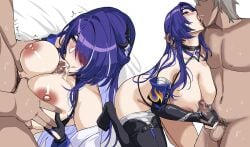 1boy 1girls acheron_(honkai:_star_rail) breasts caelus_(honkai:_star_rail) censored drogod_(artist) female hips honkai:_star_rail honkai_(series) huge_breasts light-skinned_female light_skin long_hair male nipples penis purple_eyes purple_hair simple_background thick_thighs thighs wide_hips