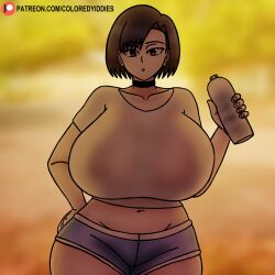 big_breasts blue_shorts breasts_bigger_than_head coloredyiddies curvy exercise_clothing huge_breasts lei_(coloredyiddies) sunset water_bottle wet_shirt