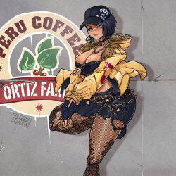 1girls azucena_milagros_ortiz_castillo big_breasts breasts cap clappingdonuts cleavage dark-skinned_female female female_only fishnets hat large_breasts looking_at_viewer peruvian_female simple tekken tekken_8 thick_thighs tight_clothing wide_hips