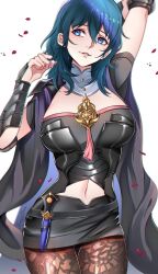 1girls arm_up armlet black_skirt blue_eyes blue_hair bodice breasts brown_pantyhose bustier byleth_(female)_(fire_emblem) byleth_(fire_emblem) clothing_cutout commentary cowboy_shot dagger female female_only fire_emblem fire_emblem:_three_houses fully_clothed grin hair_between_eyes hand_up highres knife large_breasts long_hair looking_at_viewer medium_hair navel navel_cutout nintendo pantyhose pantyhose_under_shorts parted_lips patterned_legwear pencil_skirt pixie_(pixieinktvis) revealing_clothes short_sleeves shorts simple_background skirt smile solo standing tassel thighs turtleneck vambraces weapon white_background
