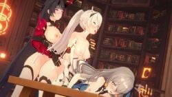 1girls 2futas 3d ahe_gao ahoge animated areolae armor bent_over bent_over_table best_friends big_ass black_gloves black_hair blush bronya_zaychik bronya_zaychik_(herrscher_of_reason) chopsticker cross_earrings drill_hair earrings eyes_rolling_back feather_hair_ornament flat_chest fucked_silly full-package_futanari futa_on_female futa_on_futa futanari gloves grabbing grabbing_from_behind group_sex hair_between_eyes hair_ornament hands_on_another's_waist happy happy_sex height_difference hi_res highres hime_cut honkai_(series) honkai_impact_3rd horns indoors jewelry kiana_kaslana kiana_kaslana_(herrscher_of_flamescion) koikatsu large_breasts library long_hair looking_pleasured loop medium_breasts mp4 multicolored_eyes multiple_girls nipples no_sound on_table oni_horns open_mouth petite ponytail purple_eyes raiden_mei raiden_mei_(herrscher_of_thunder) red_eyes red_horns sex sex_from_behind shoulder_armor silver_eyes silver_hair smile standing standing_sex sweat tagme testicles thighhighs threesome tongue tongue_out very_long_hair video white_hair white_thighhighs