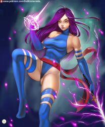 abstract_background blue_boots boots detached_collar didi_esmeralda elbow_gloves electricity electricity_manipulation female katana leotard long_hair marvel psylocke sash thigh_boots x-men