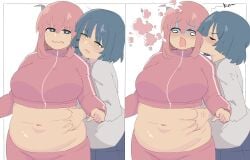 2girls absurdres anger_vein belly_grab blue_eyes blue_hair blunt_bangs blush bocchi_the_rock! breasts chubby chubby_female clenched_hand english_text fat fat_fetish gotou_hitori hand_on_another's_stomach highres kissing kissing_cheek large_breasts lesbian long_hair long_sleeves looking_to_the_side medium_hair multiple_girls napolitane navel open_mouth outside_border overweight overweight_female parted_lips pink_hair simple_background upper_body yamada_ryou yellow_eyes yuri