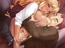 blonde_hair blush body_writing breast_sucking breasts chikan cum cum_on_clothes dark_skin gyaru handjob ishii_akira kuro_gyaru lactation large_breasts miel nipples penis pregnant